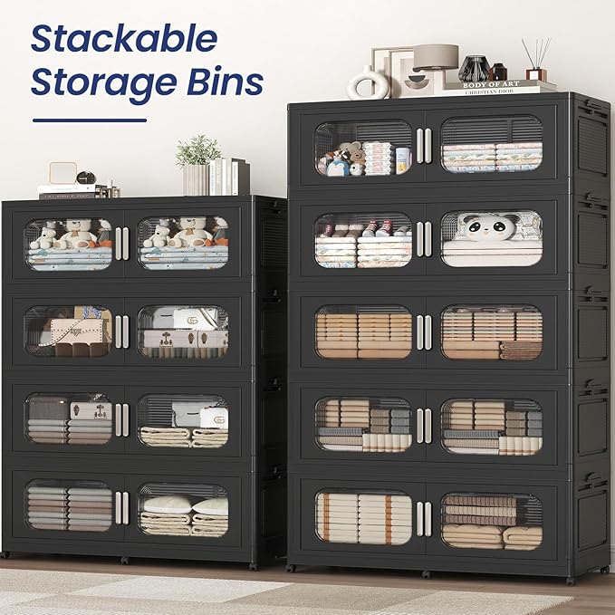 200GAL Extra Large Storage Bins with Lid, 800QT Storage Bins with Wheels, Folding Closet Organizer, Stackable Collapsible Plastic Storage Containers for Home, Office, Kitchen, 4Pack Black