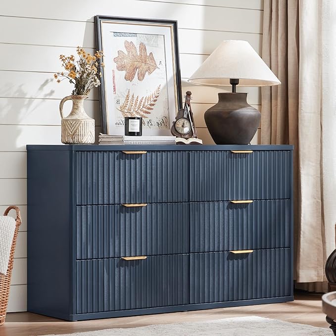LEYAOYAO 48" Wide Fluted Dresser and 3 Drawers 23" Nightstand Set of 2, Wooden Dresser & Night Stand with Charging Station, 3 Piece Bedroom Furniture Set, Chest of Drawer for Living Room,Navy Blue