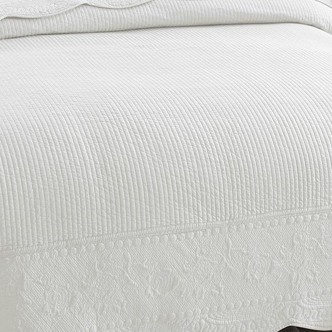 MarCielo 100% Cotton Quilt Set - 3-Piece Embroidered Farmhouse Bedspread & Shams, All-Season Breathable Bedding(TG Bright White,Queen)