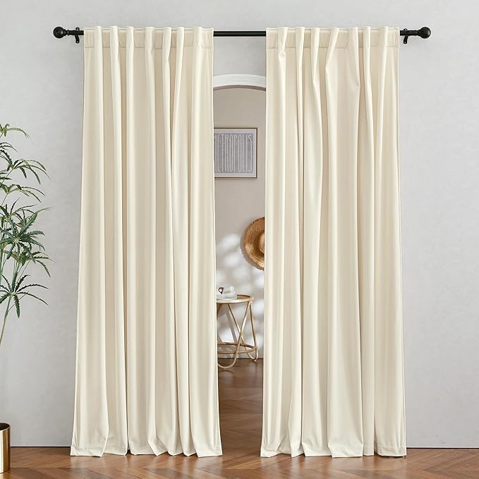 RYB HOME Cream Velvet Curtains 96 inches Length - Heavy Duty Back Tab Decorative Window Drapes Privacy Covering for Living Room Playroom, Width 62 x Length 96 inch, Beige, 2 Panels