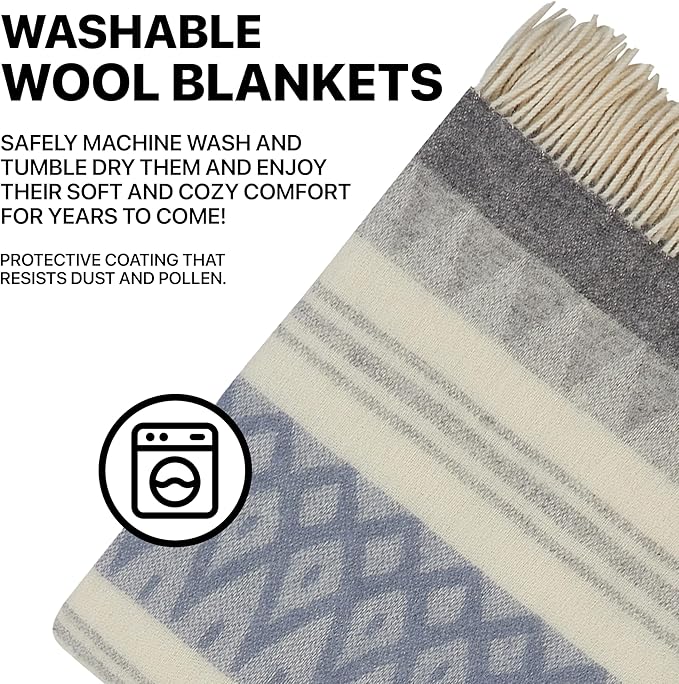 | Wool Blanket/Throw | 100% New Zealand Wool | Perfect for Home and Outdoors | Virgin Wool Throw with Fringes 67"x79" (170 x 200 cm)