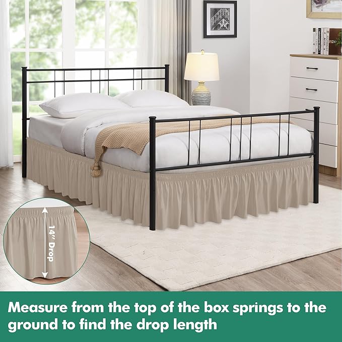 Biscaynebay Wrap Around Bed Skirts with Split Corners for Full Beds 14" Drop, Light Camel Elastic Dust Ruffles Adjustable Easy Fit Wrinkle & Fade Resistant Silky Luxurious Fabric Machine Washable