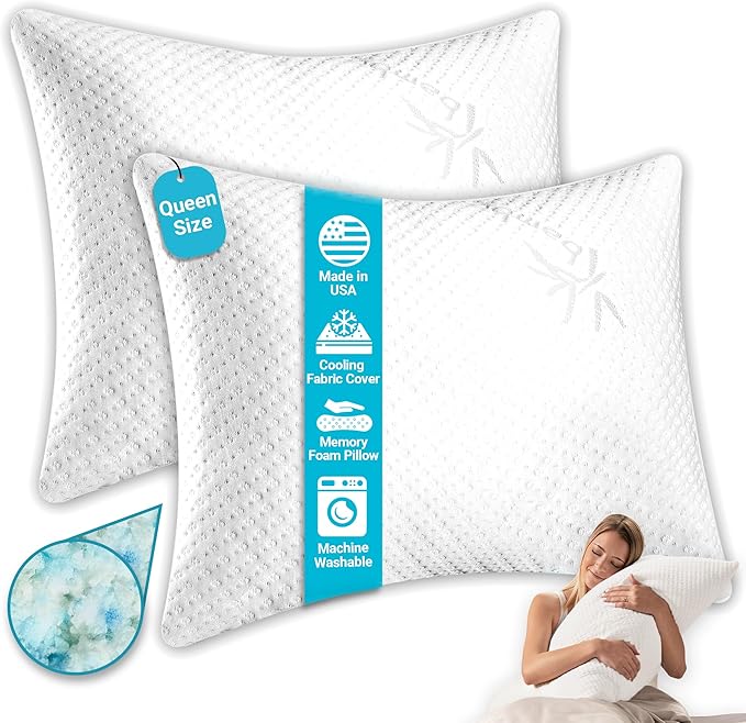 Xtreme Comforts 2-Pack Memory Foam Pillows Made in The USA - Queen Size, Slim Cooling Pillow for Sleeping on Side, Back & Stomach - Firm and Soft Bed Pillows