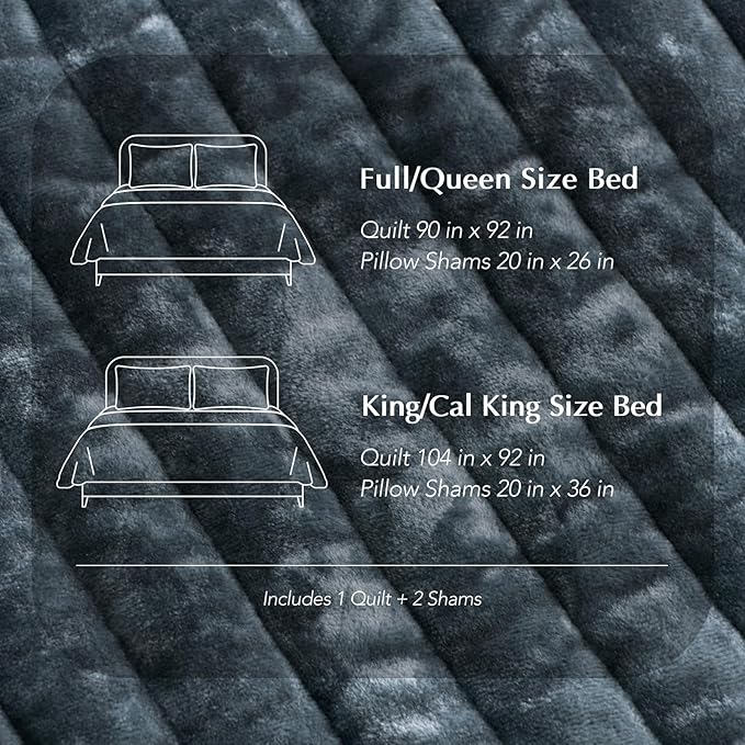 EVERGRACE Velvet Quilt Set Queen Size, Luxurious Soft Striped Channel Bedding Set, Lightweight Velvet Comforter for All Season, Oversized Bedspread Coverlet with 2 Matching Shams, Stormy Blue