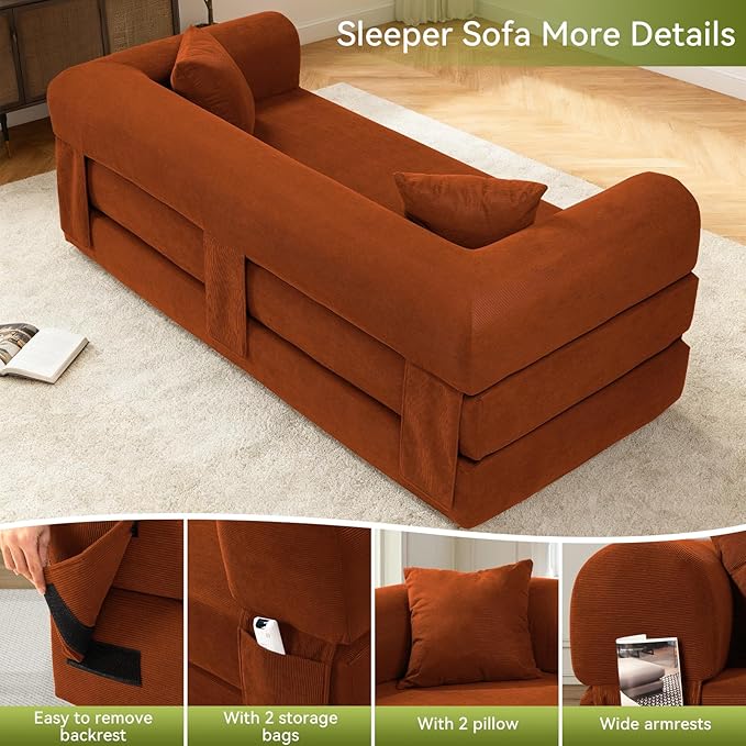 Convertible Futon Sofa Bed,80" Folding Pull Out Couch Bed with Storage,Queen Sleeper Sofa Bed,Compressed Couch in a Box,Corduroy Boneless Couches for Living Room,Orange
