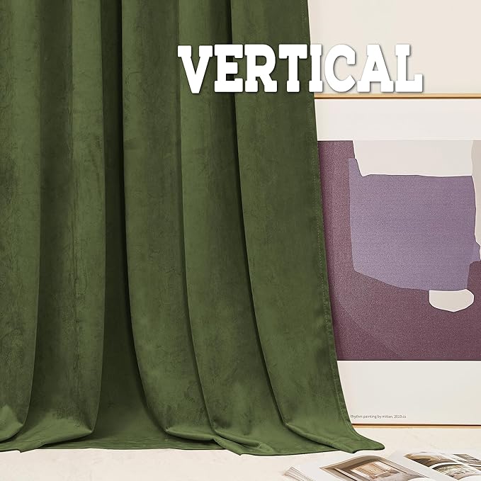 RYB HOME Velvet Room Divider Curtains for Space Separation, Noise Reduce Barrier for Nursery, Large Window Curtains for Sliding Glass Door, Olive Green, W 62 x L 84, 2 Panels Set