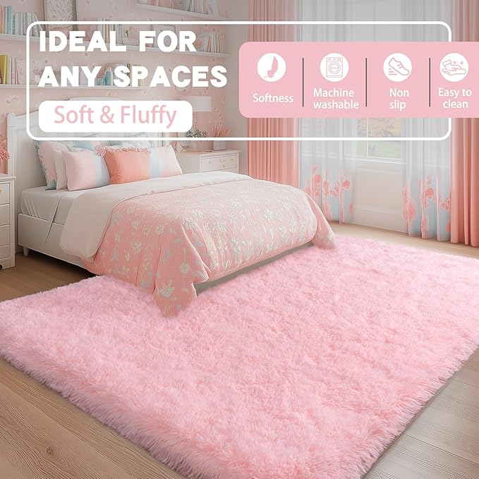 Large Shag Rugs 6 x 9, Pink Area Rug for Girls Kids Living Room Bedroom, Soft Fluffy Fuzzy Plush Carpet, Anti-Skid Shaggy Rug for Home Decor Aesthetic