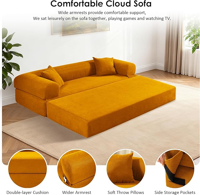80" Convertible Sofa Bed, 3-in-1 Corduroy Folding Pull Out Couch with Pillows, No Assembly Modern Boneless Couch Compression Sofa in Box, Floor Sofa with Side Storage Pocket for Living Room, Yellow