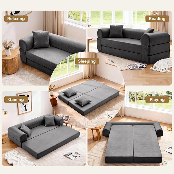 Convertible Folding Sofa Bed,78.5 Inch Faux Leather Futon Couch with Pillows & Storage Pocket,5-in-1 Queen Sleeper Sofa in a Box with Pull Out Bed,Boneless Couch for Living Room Bedroom,Gray