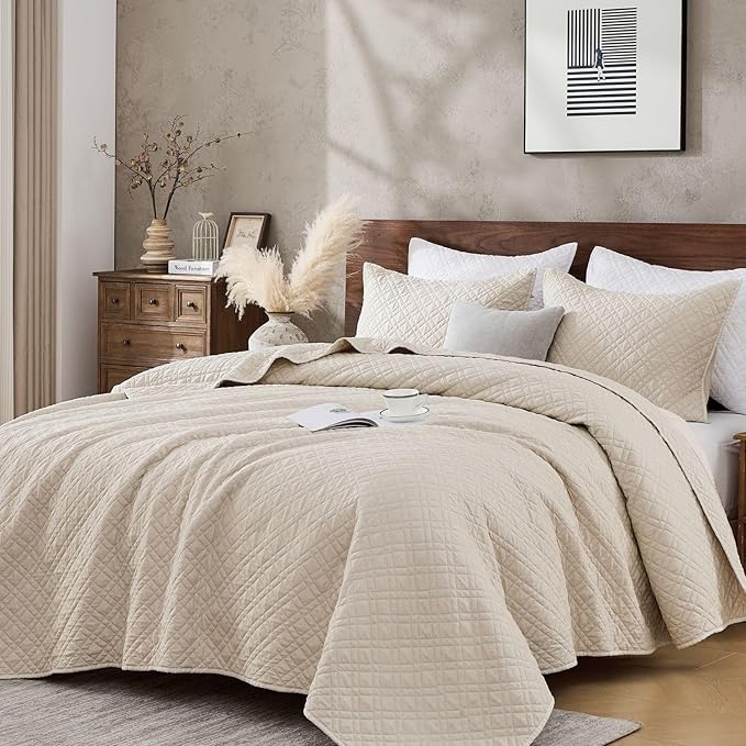 Queen Quilt Set with Shams Lightweight Quilted Bedspread Coverlet Thin Comforter Bed Cover Vintage Washed Quilted Blanket for All Season, Brushed Microfiber Diamond Stitching, Beige, 88"x92"
