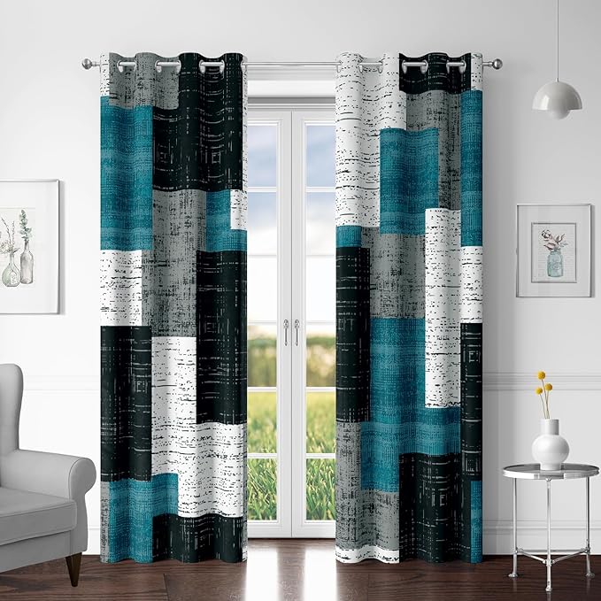 Rustic Blue Grey 100% Blackout Curtains for Bedroom 84 inch Long 2 Panels Set Gray Modern Abstract Geometric Black Out Curtains Insulated Room Darkening Window Drapes for Living Room, 52Wx84L