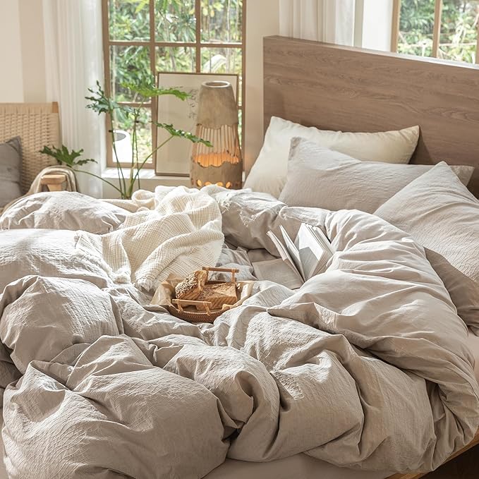 MooMee Wavy Striped Duvet Cover Set 100% Washed Cotton Linen Like Textured Breathable Durable Soft Comfy (Beige, Super King Plus 120"x120")