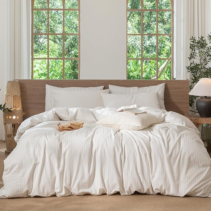MooMee Striped Duvet Cover Set 100% Washed Cotton Linen Like Textured Breathable Durable Soft Comfy (White Almond Milk Grey Wide Stripes, Oversized King Plus 128"x120")