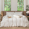 MooMee Striped Duvet Cover Set 100% Washed Cotton Linen Like Textured Breathable Durable Soft Comfy (White Almond Milk Grey Wide Stripes, Cal King 104"x98")