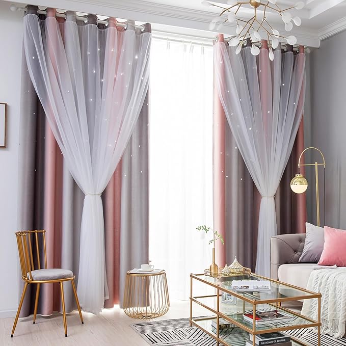 Star Blackout Curtains - Bedroom Cute Kids Rainbow, 63 Inch Long 2 Panels, Pink & Grey, 42 X 63 Inches