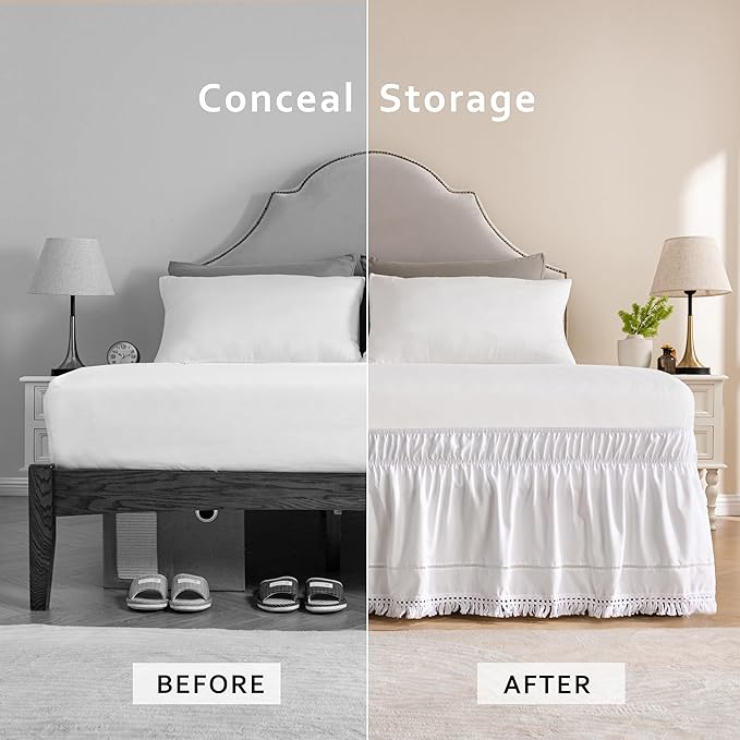 MIYE Wrap Around Ruffled Lace Bed Skirt, Elastic Dust Ruffle with Adjustable Belts, Easy to Put On, Bed Frame Cover, Machine Washable (Tassel Ruffle/White, King/Queen-15 Drop)
