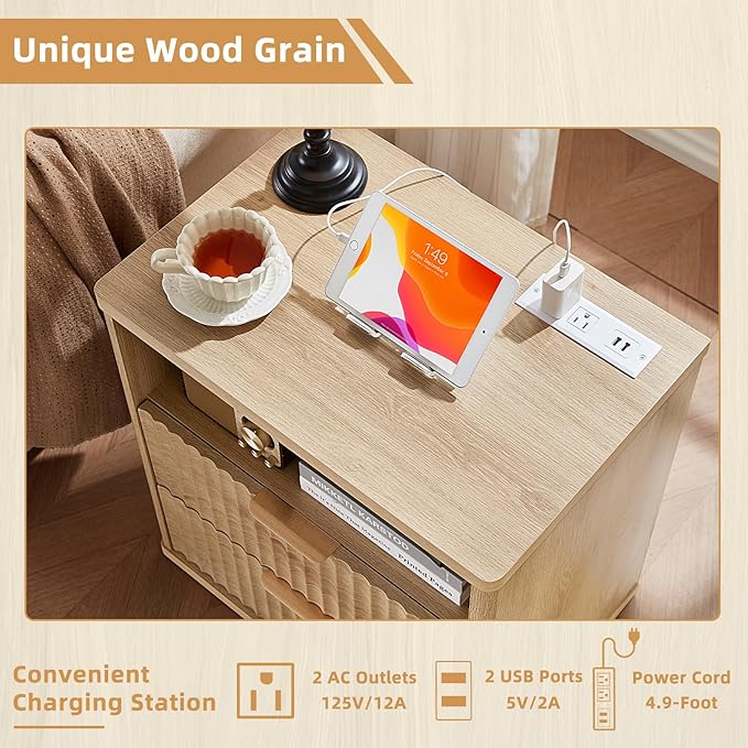 LEYAOYAO 48" Wide Fluted Dresser and 2 Drawers 23" Nightstand Set of 2, Wooden Dresser & Night Stand with Charging Station, 3 Piece Bedroom Furniture Set, Chest of Drawer for Living Room,Natural Wood