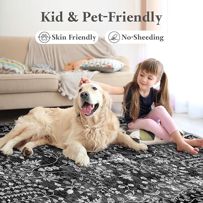 8x10 Area Rugs, Machine Washable Rugs for Living Room Modern Abstract Rug Soft Non-Skid Thin Carpet Indoor Floor Non-Shedding Carpets for Bedroom | Black