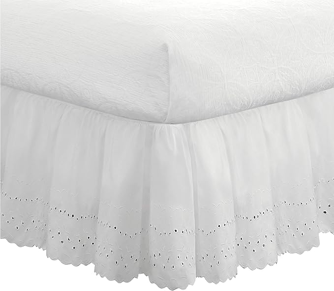 Fresh Ideas Eyelet Bed Skirt, Ruffled Design, 18 Inch Drop, Embroidered Scalloped Edge, California King, White