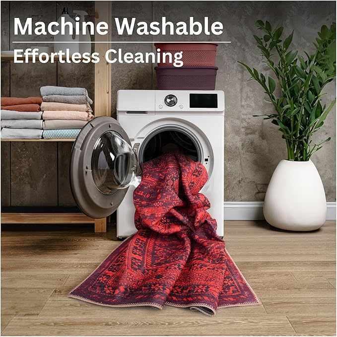 Bloom Rugs Washable Non-Slip 6' x 9' Rug - Red Traditional Bordered Area Rug for Living Room, Bedroom, Dining Room, and Kitchen - Exact Size: 6' x 9'