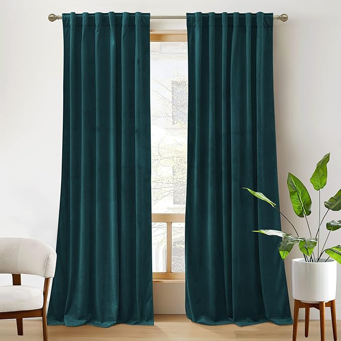 RYB HOME Teal Velvet Curtains 94 inches, Back Tab Soft Fabric Room Darkening Thermal Insulated Luxurious Home Decor Curtains for Living Room Bedroom, W 52" x L 94", 2 Panels Set