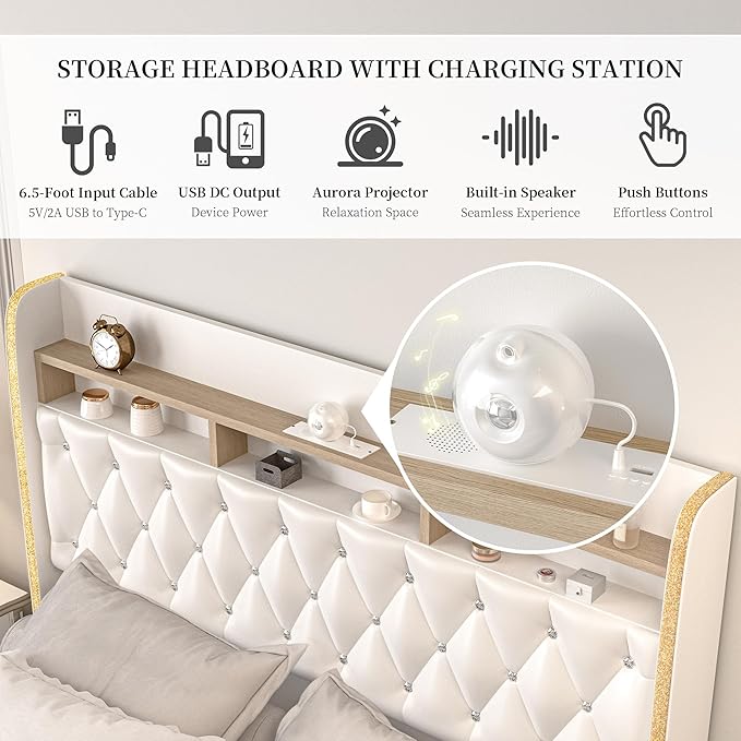 Queen LED Bed Frame with 2 Storage Drawers, PU Upholstered Platform Beds with Galaxy Star Projector Charging Station Speaker, Aurora Bedframe with 2-Tier Storage Headboard, Noise-Free, White