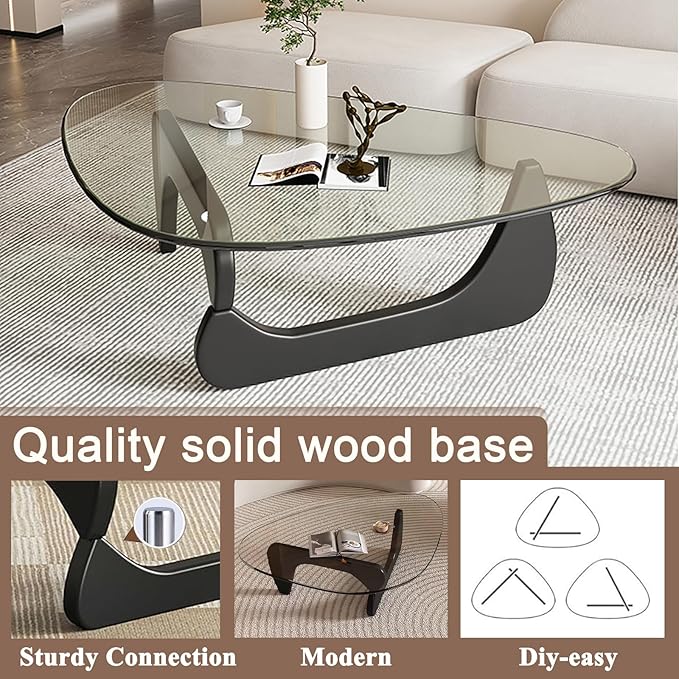 Modern Glass Coffee Table for Living Room, Mid Century Coffee Table, Small Coffee Tables, Suitable for Bedroom Living Room Reception Office Tables (Black/Transparent, Medium)