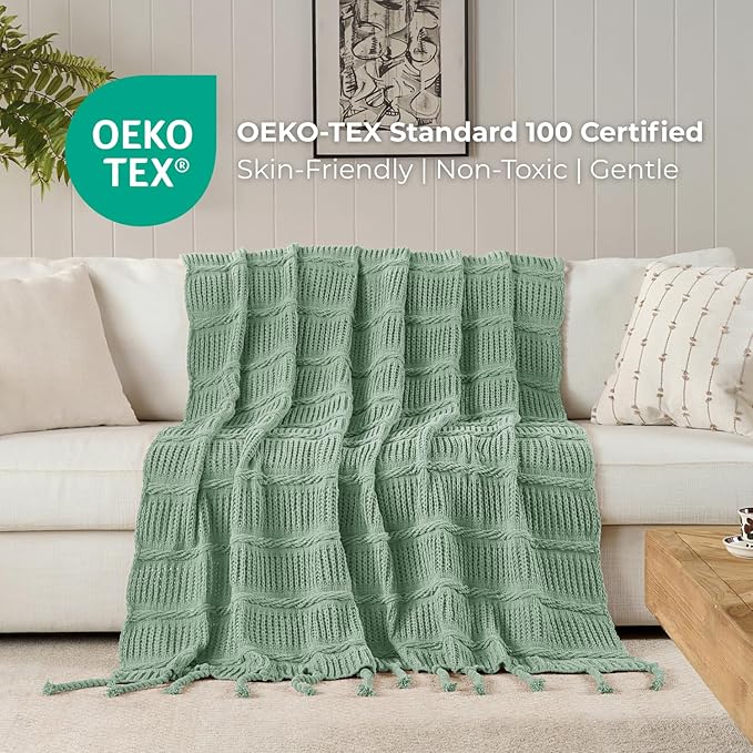 Boho Knitted Chenille Blanket with Tassels - Lightweight & Soft All-Season Throw - 3D Classic Pattern for Living Room Bedroom Couch, Sage Green, Twin 60"x80"
