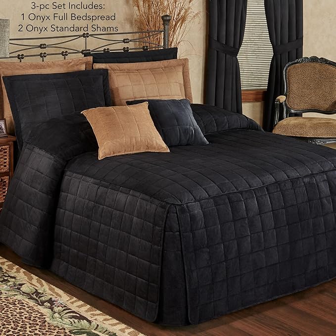 Touch of Class Camden Luxury Bedding | Neutral Onyx Black Color | Grande Fitted Bedspread | Faux Suede Box Quilted Design | Designed 3 Piece Set Includes Full Bedspread and 2 Standard Shams