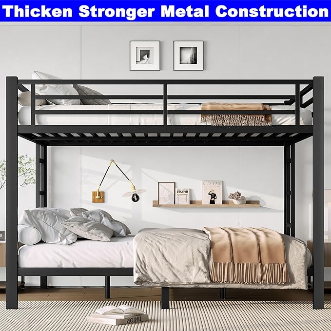 Upgraded Version Thickened Metal Heavy-Duty Queen Over Queen Bunk Bed, Best Modern Style Stronger Queen Size Bunk Bed Frame with Ladder for Adults, Easy Assembly (Queen Over Queen)