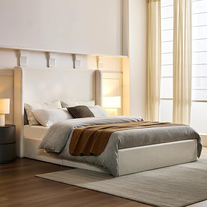 Upholstered Bed Frame Queen Size, 54" High Headboard Platform Beds Caron Tall Wingback Bed Frames, Box Spring Request/No Noise/Simplicity Minimalist, Textured Ivory Canvas Chenille
