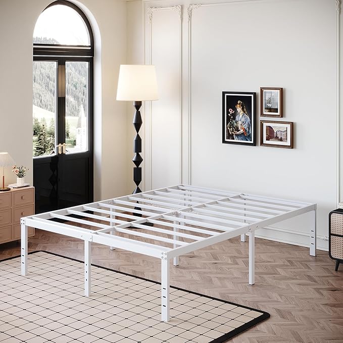 18 Inch White Full Size Bed Frame Heavy Duty Metal Platform No Box Spring Needed, Maximum Storage, Easy Assembly, Noise Free