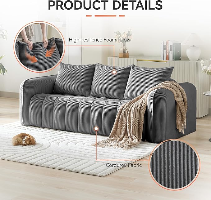 83'' Boneless Corduroy Sofa, Oversized 3 Seater Deep Seat Couch with Rounded Armrest, Modern Upholstered Cloud Sofa for Living Room, No Assembly, Grey