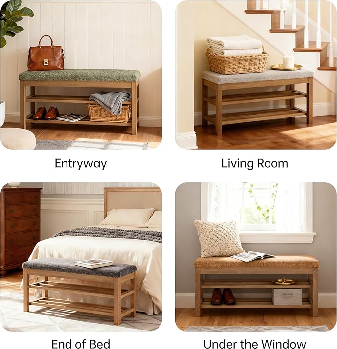 VKNOW Entryway Bench, 44.3” Upholstered Shoe Bench for Bedroom, 2-Tier Storage End of Bed Bench with Rubberwood Legs for Living Room, Hallway, Brown