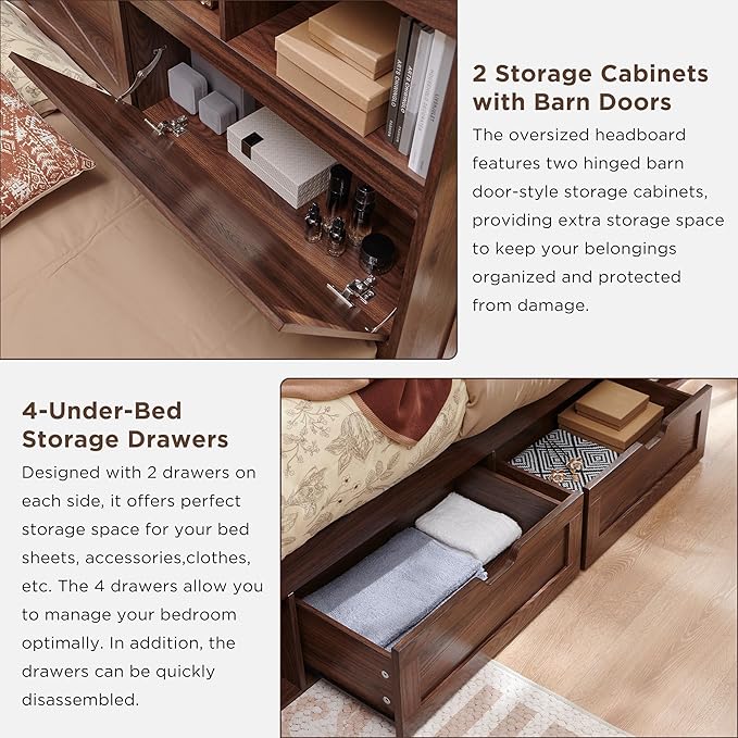 ACCOHOHO King Bed Frame with 52" Tall Headboard and 4 Drawers,LED Light,Charging Station,Solid Wood Slats Support,No Box Spring Needed,Brown