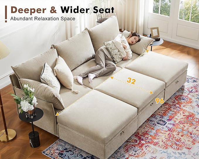 ABCASA 102.6" U Shaped Modular Sectional Sofa, 5 Seater Couch with Storage Ottoman Deep Seat and High Backrest with Removable Cover for Living Room, Apartment - Chenille Beige