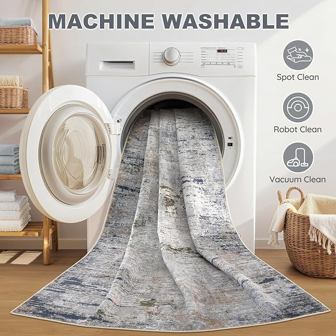 Area Rug Living Room Rugs - 10x14 Washable Large Soft Indoor Neutral Modern Abstract Low Pile Rug Carpet for Bedroom Dining Room Farmhouse Home Office - Blue/Grey/Brown