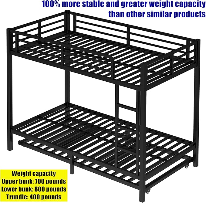 Higher Quality & Stronger Metal Bunk Bed Twin XL Over Twin XL Size Bunkbed Frame, Thickened Heavy Duty More Stable Steel Bunk Bed with Twin Size Trundle