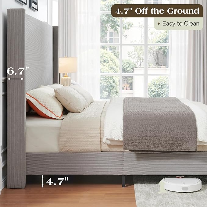 King Bed Frame with 65" Tall Headboard, Horizontal Fine Corduroy Bed Frame with Wingback, Upholstered Platform Bed, Vintage Solid Wood Gourd Legs, No Box Spring Needed, Gray
