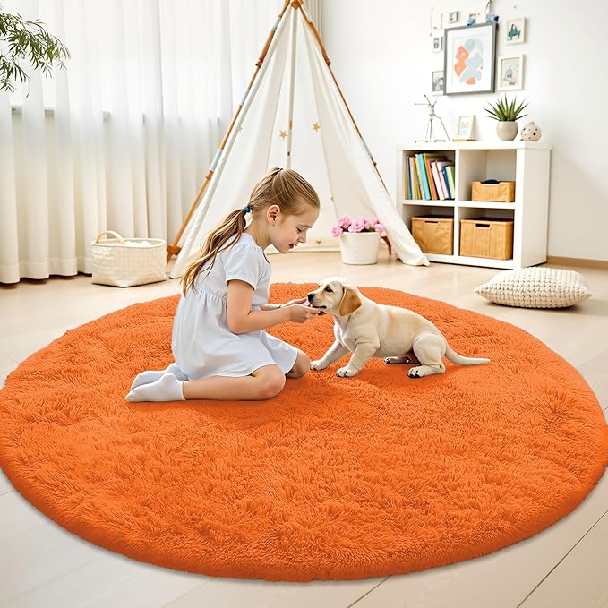OLANLY Orange Round Rugs for Bedroom - Machine Washable, 5 ft Circle Area Rugs for Living Room, Soft and Fluffy Shaggy Carpet for Teen Girl and Boys, Nursery Rooms, Dorms, Home Decor Aesthetic