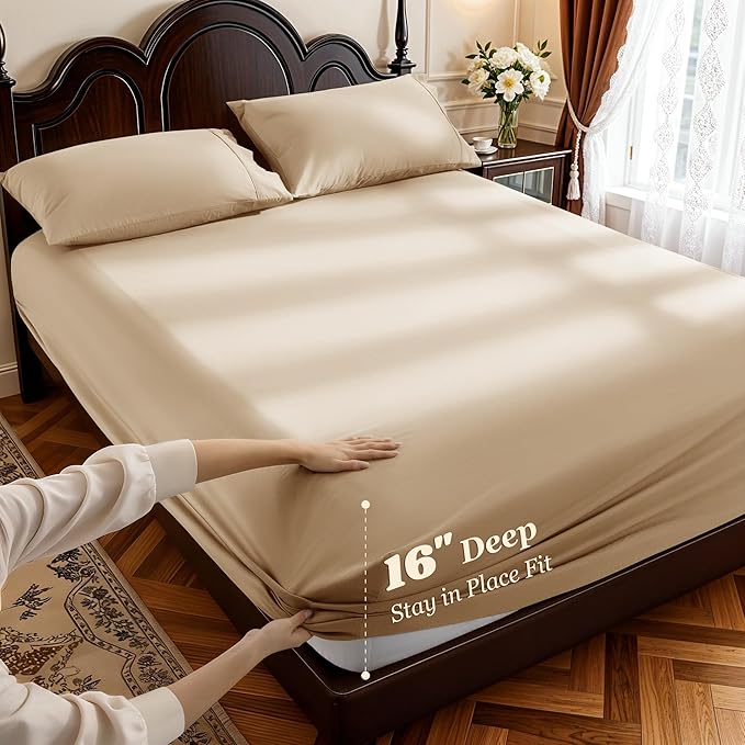 LBRO2M 1000 Thread Count 100% Egyptian Cotton Sheets Set King Size, 4 Piece Sets Bed Sheet Deep Pocket Sheet Set 16" Soft Comfortable All Season (King, Cream)