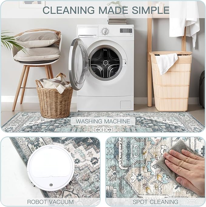 Washable Runner Hallway Rug,Low Pile 2x6 Non Slip Non-Shedding Kitchen Carpet Soft Indoor Stain Resistant Rug for Bedroom Laundry Room Bathroom Blue Beige Multi