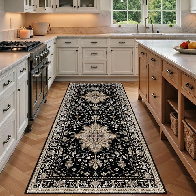 Area Rugs 3'x6' Washable Non-Slip, Floral Vintage Distress Print Pattern Medallion Carpet for Living Room Bedroom Dining Room, Black Brown Neutral Dark Tan