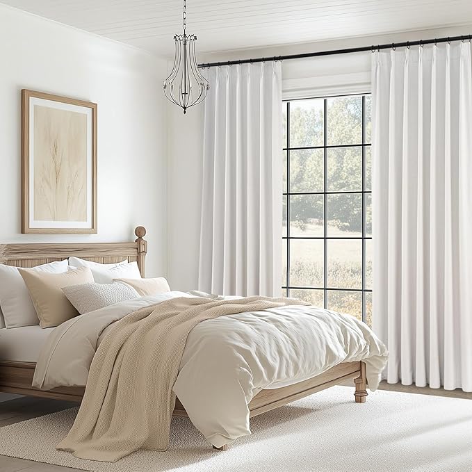 Topfinel 105 Inches Long Custom Black Out Faux Thick Linen Drapery Panels, Pinch Pleated Heat Reflective Cream Curtains with Pin Hooks, Luxury Lined Back Tab Drapes 2 Panels for Living Room