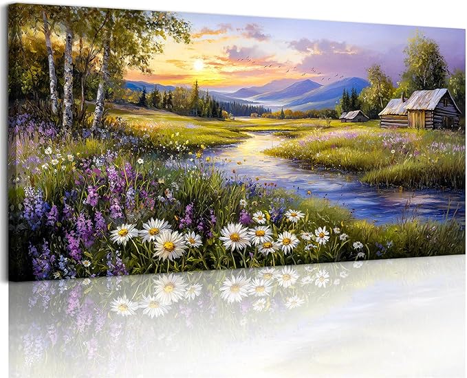 SERIMINO Large Wall Art for Living Room, River Landscape Wall Art, Meadow Wildflower Canvas Art Prints, Countryside Sunset Paintings Wall Decor for Bedroom, Farmhouse Kitchen Decor Pictures 29"X57"