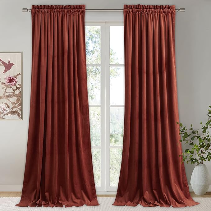 StangH Rust Velvet Curtains 108 inches Long, Light Blocking Energy Saving Window Panels Privacy Room Divider Drapes for Guest/Dining Room/Closet, W52 x L108, 2 Panels