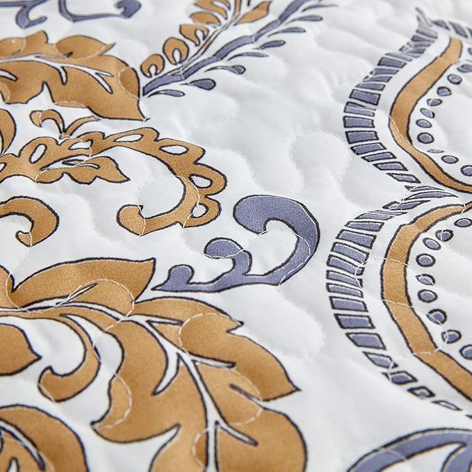 CHIXIN Oversized King Bedspread 128x120 Extra Wide - European Damask Paisley Pattern - Classic & Gorgeous Bedding Cover, Lightweight, Ultra Soft, 5 Piece, 100% Microfiber, White/Khaki/Grey