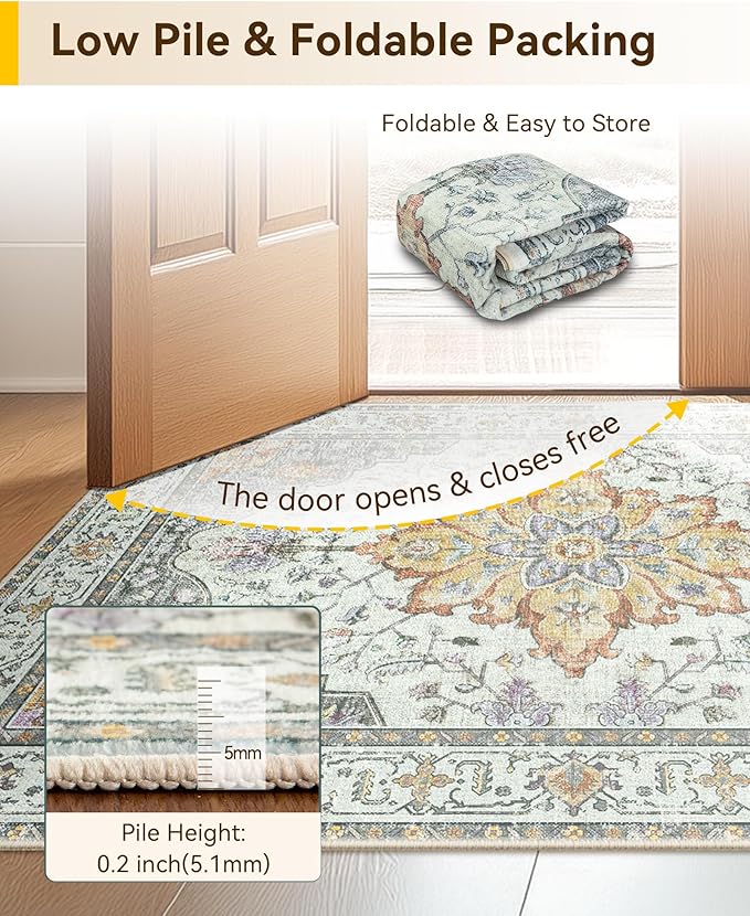 Area Rugs Square 8ft Washable Non-Slip, Floral Vintage Distress Print Pattern Medallion Carpet for Living Room Bedroom Dining Room, Light Yellow Carbon Grey Orange