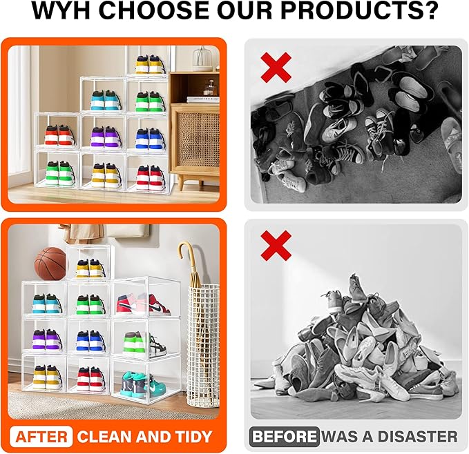 2 Pack Drop Front Shoe Boxes Fit US Size 13, Acrylic Shoe Organizer Clear Stackable Sneaker Sotrage Box for Entryway, Home, Underbed, Multiple Display Cases for Cosmetic, Hats, Figures, Sneakers