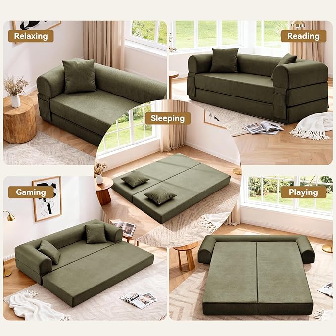 Convertible Sleeper Sofa Bed,78.5 Inch Faux Leather Futon Couch with Pillows & Storage Pocket,5-in-1 Folding Sofa Bed Queen with Pull Out Beds,Boneless Couches for Living Room,Couch in a Box,Green